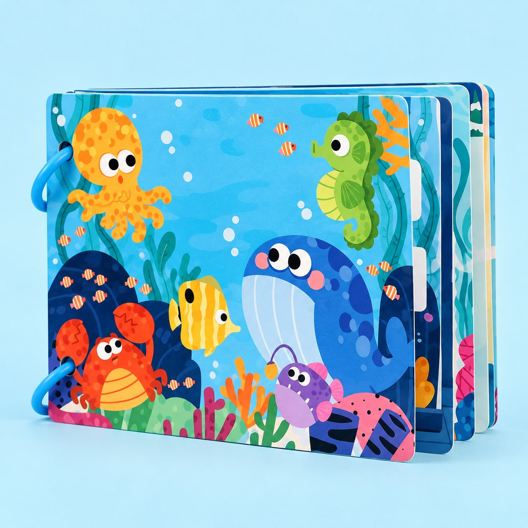 Preschool Sticker Matching Busy Book in Ocean style shows sea creatures on a pale blue studio backdrop.