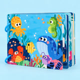 Preschool Sticker Matching Busy Book in Ocean style shows sea creatures on a pale blue studio backdrop.