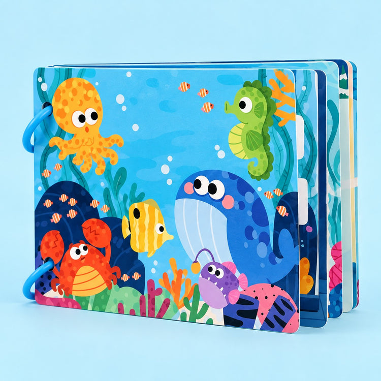Preschool Sticker Matching Busy Book in Ocean style shows sea creatures on a pale blue studio backdrop.
