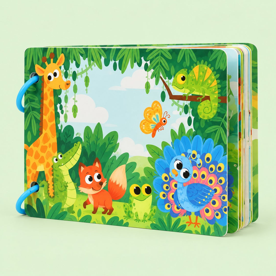Preschool Sticker Matching Busy Book in Forest Animals style shows woodland animals on a sage backdrop.