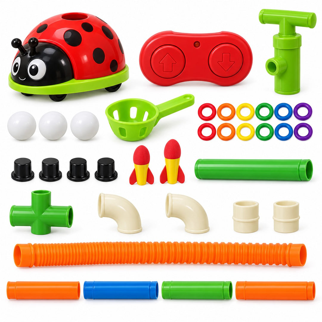 Ladybug Activity Toy Set 4-in-1 contents are arranged on white, including the base, rings and connectors.