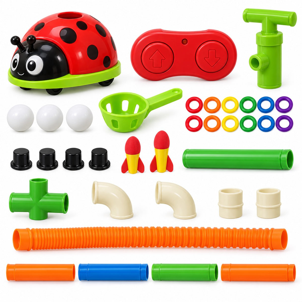 Ladybug Activity Toy Set 4-in-1 contents are arranged on white, including the base, rings and connectors.