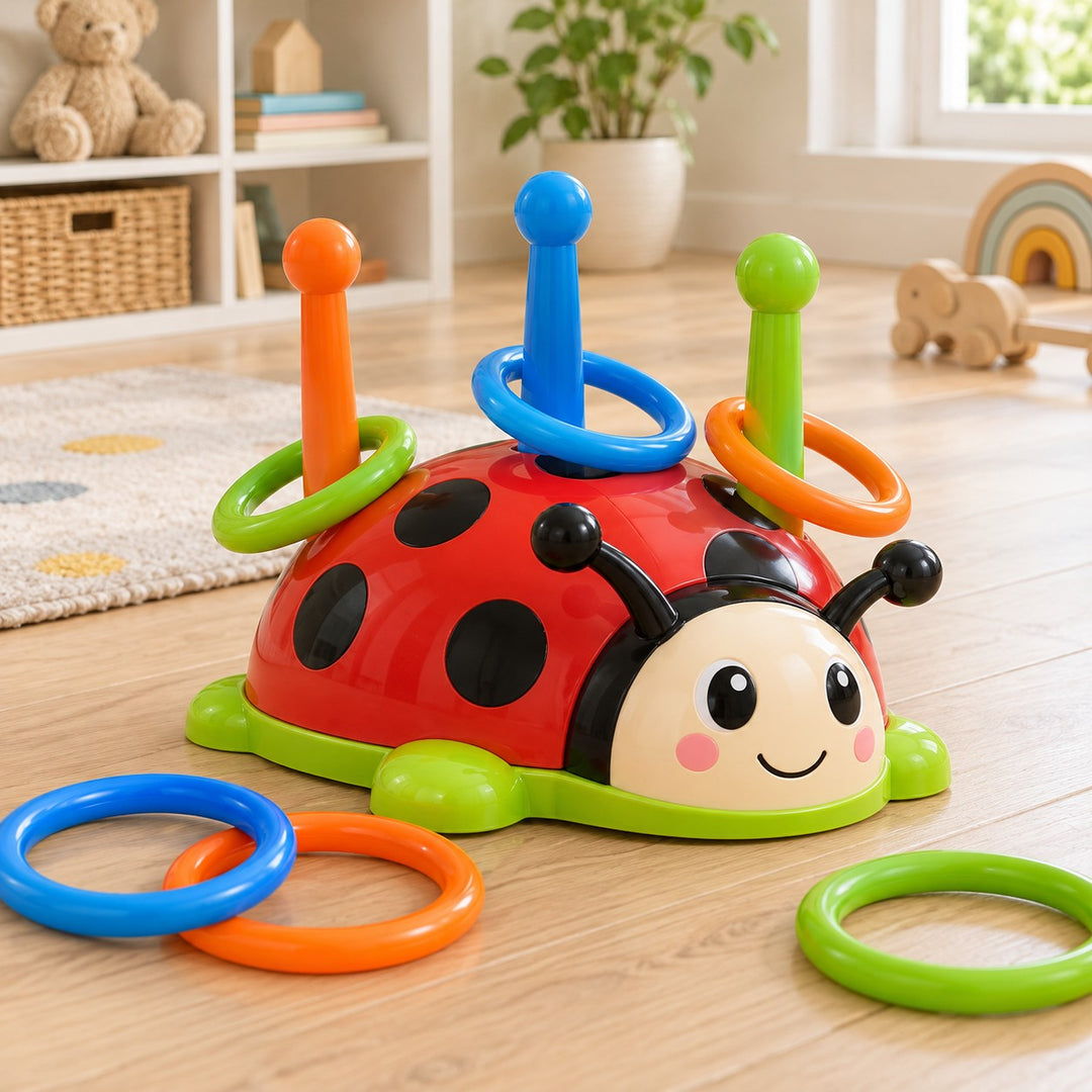 Ladybug Activity Toy Set is shown ready for a ring toss game in a bright children's play area.
