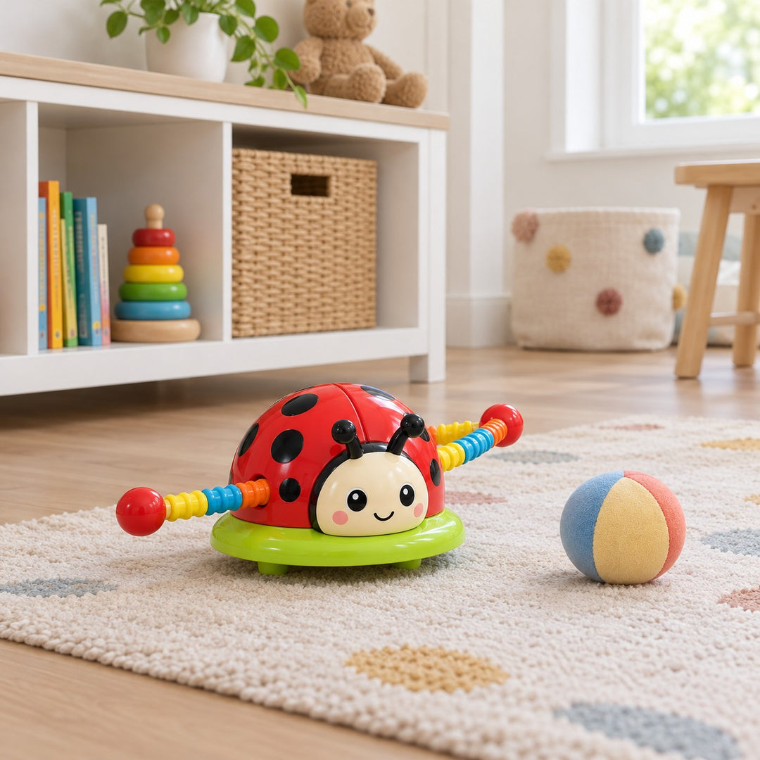 Ladybug Activity Toy Set and its rotating bar are shown beside a small playroom cube for scale.
