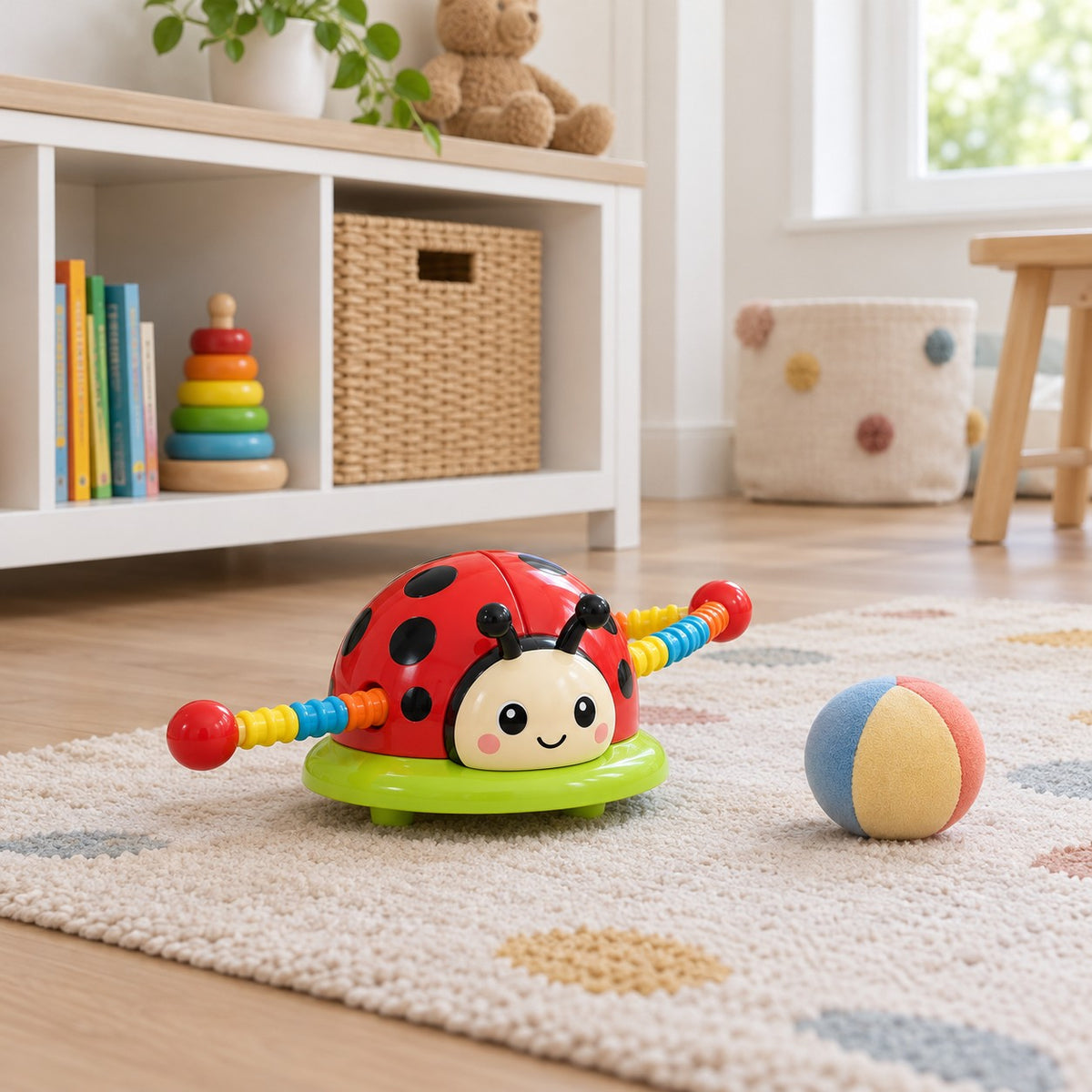 Ladybug Activity Toy Set and its rotating bar are shown beside a small playroom cube for scale.
