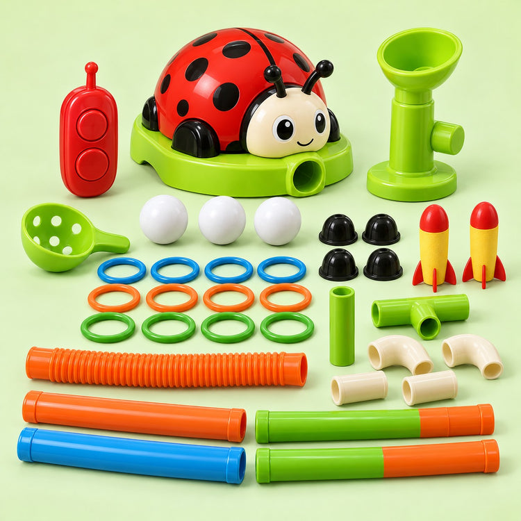 Ladybug Activity Toy Set 4-in-1 pieces are displayed together against a soft green studio backdrop.