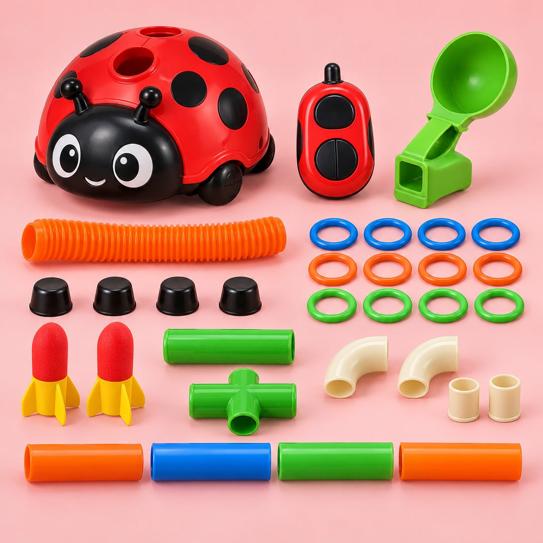 Ladybug Activity Toy Set 3-in-1 accessories and ladybug base are arranged on a pale red backdrop.