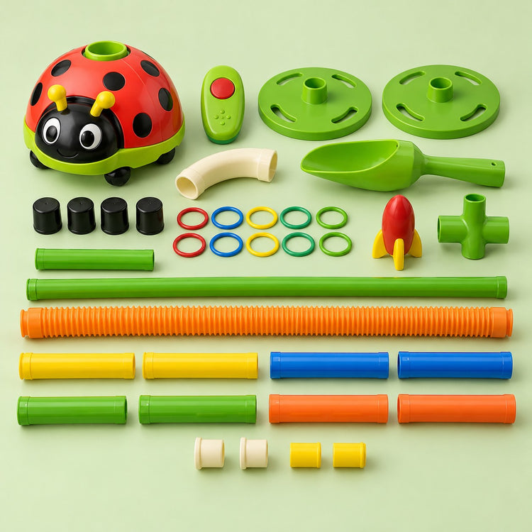 Ladybug Activity Toy Set 5-in-1 components are arranged on a light green studio background.