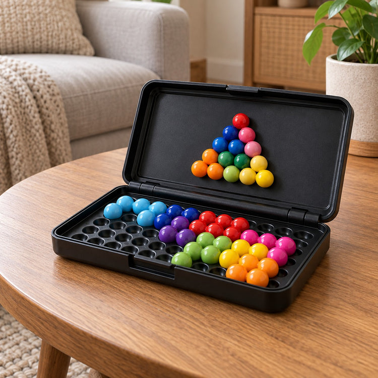 Pyramid Bead Puzzle Game open on a living room table for a quiet hands-on play break.