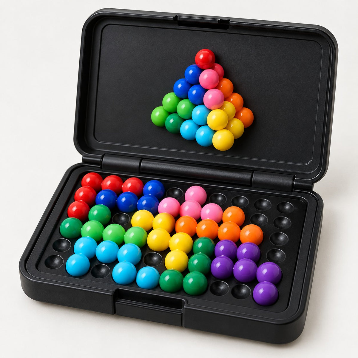 Pyramid Bead Puzzle Game shows colorful beads arranged on the board and shaped into a pyramid.