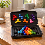 Pyramid Bead Puzzle Game open on a coffee table with bead groups arranged for another puzzle round.