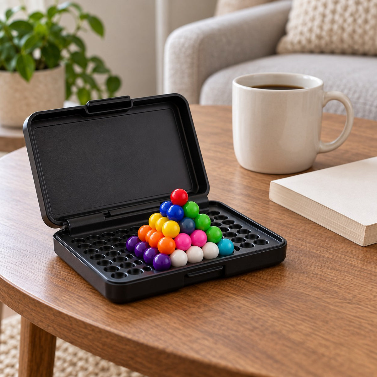 Open Pyramid Bead Puzzle Game beside a mug and paperback shows its compact tabletop scale.