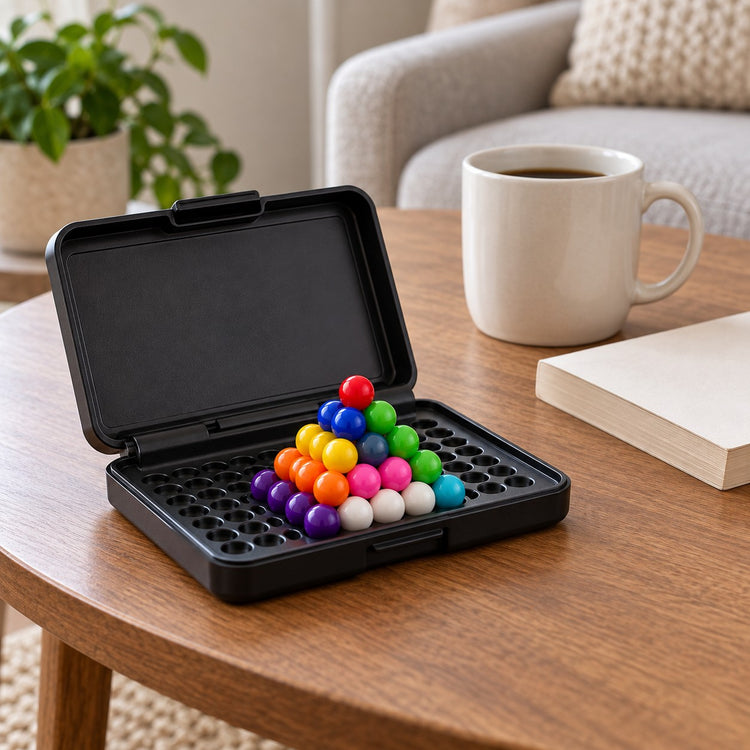 Open Pyramid Bead Puzzle Game beside a mug and paperback shows its compact tabletop scale.