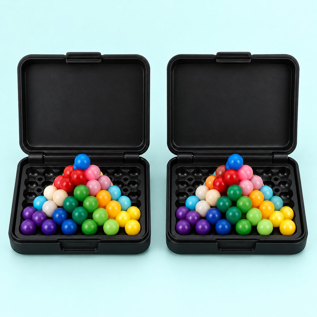 Two Pyramid Bead Puzzle Game cases with colorful beads on a pale aqua studio backdrop.