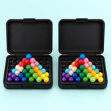 Two Pyramid Bead Puzzle Game cases with colorful beads on a pale aqua studio backdrop.