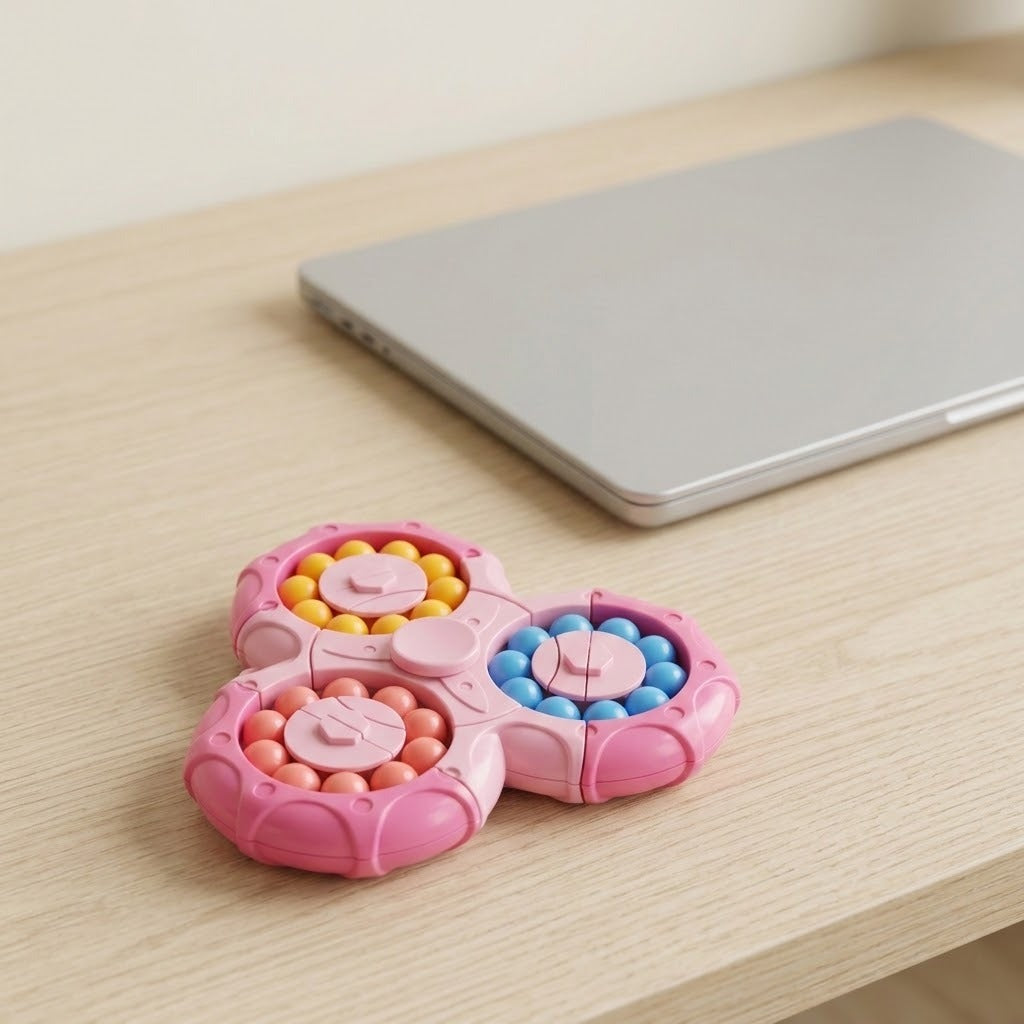 Pink plastic fidget puzzle with yellow, blue, and coral beads lies flat on a light wooden desk beside a closed silver laptop.