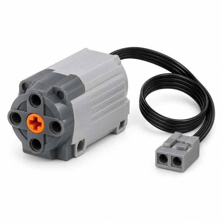 One gray MOC Power Functions motor, its attached black wire and matching gray power connector on white.