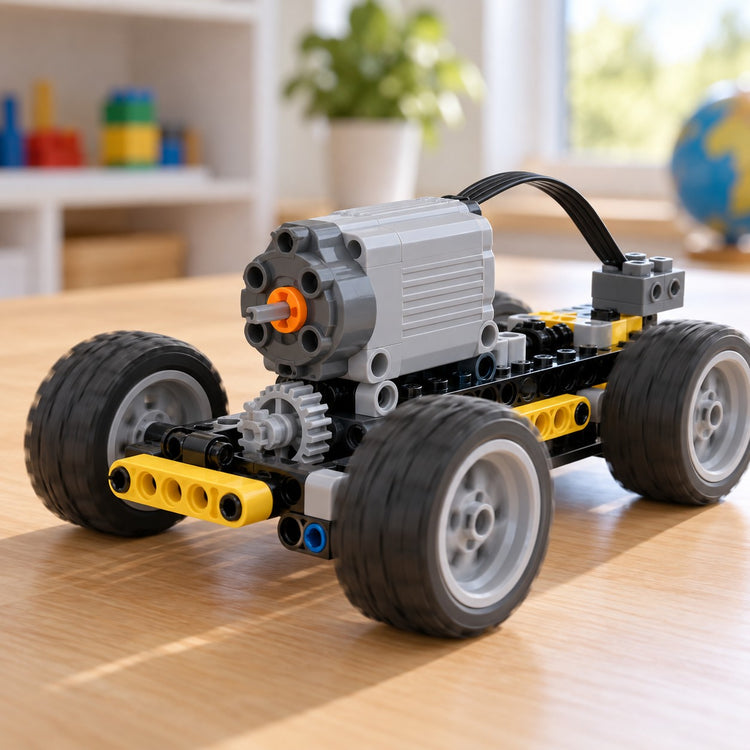 A gray MOC Power Functions motor drives a small wheeled building-block model across a play table.