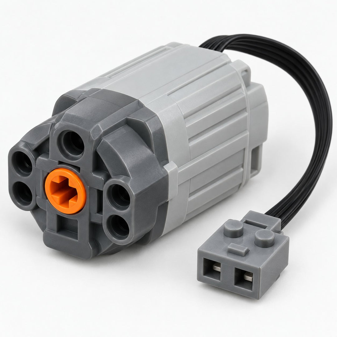 The MOC Power Functions motor shows its compact ribbed housing, orange shaft connector and attached wire.