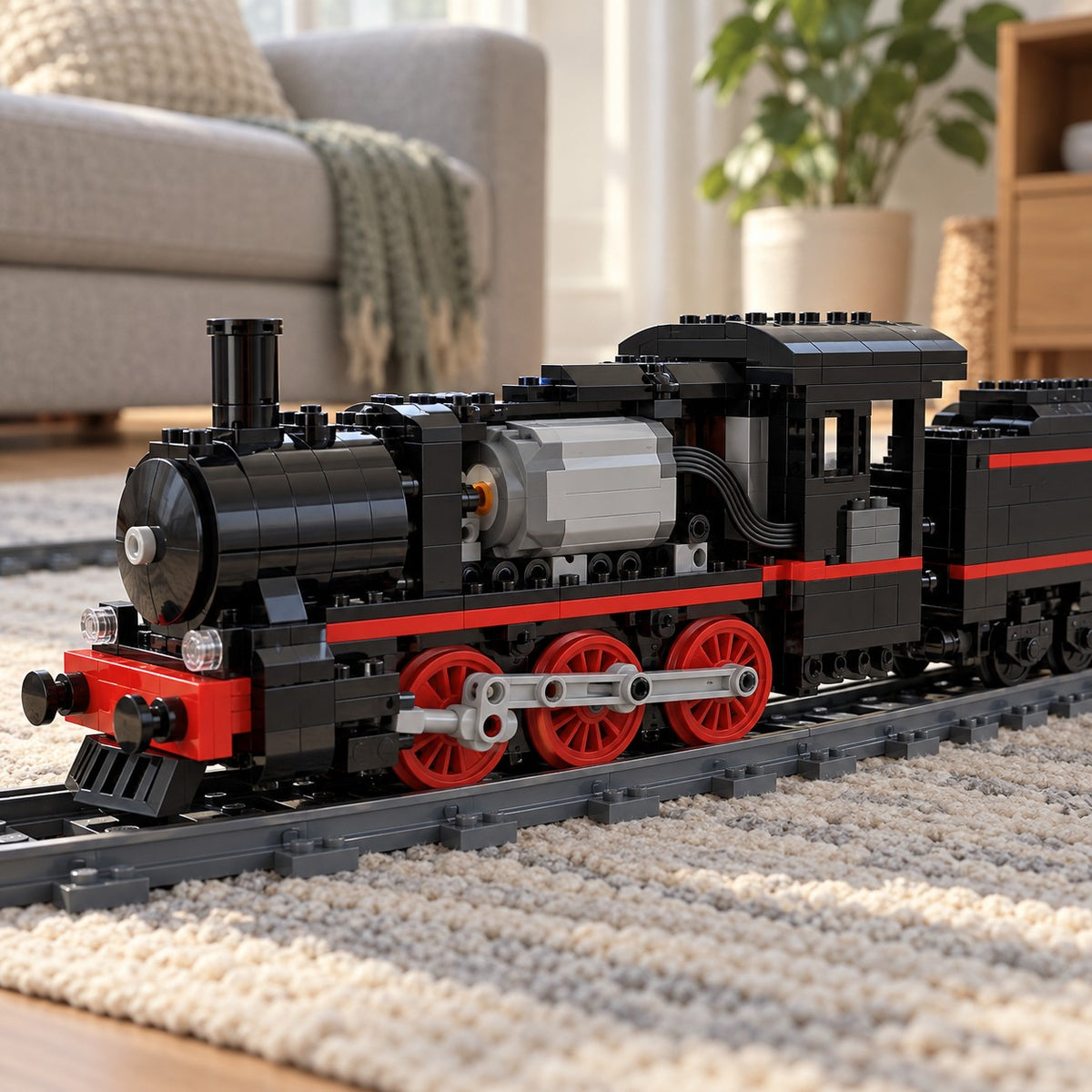 The compact gray MOC Power Functions motor and cable sit beside a plain wooden block for scale.
