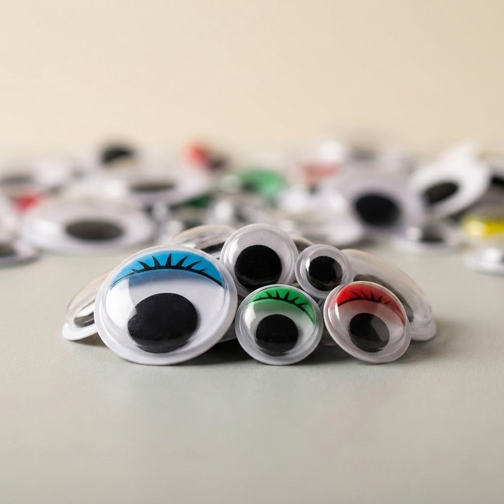 A pile of plastic novelty googly eyes with white plastic shells, black plastic pupils, and colored eyelashes in blue, green, red, and black, arranged on a light gray surface with more eyes blurred in the background.