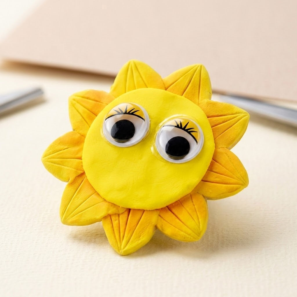 Two plastic googly eyes with black pupils and yellow eyelash details decorate a yellow sun craft on a cream surface.