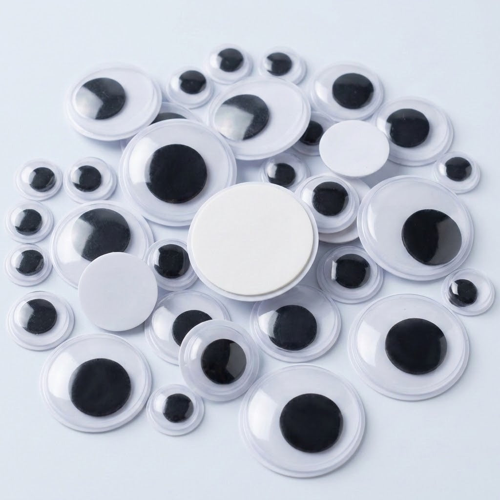 A pile of plastic novelty googly eyes in various sizes, featuring glossy black circular pupils and clear plastic outer shells on a light gray background.