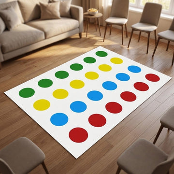 A white party game mat with green, yellow, blue, and red circles lies on a wooden floor surrounded by living room seating.