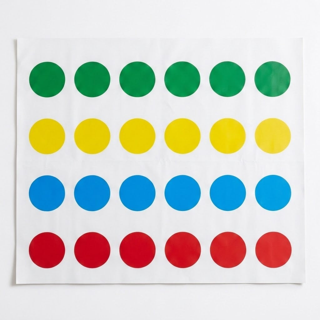 A white party game mat with four rows of green, yellow, blue, and red circles is displayed flat against a white background.
