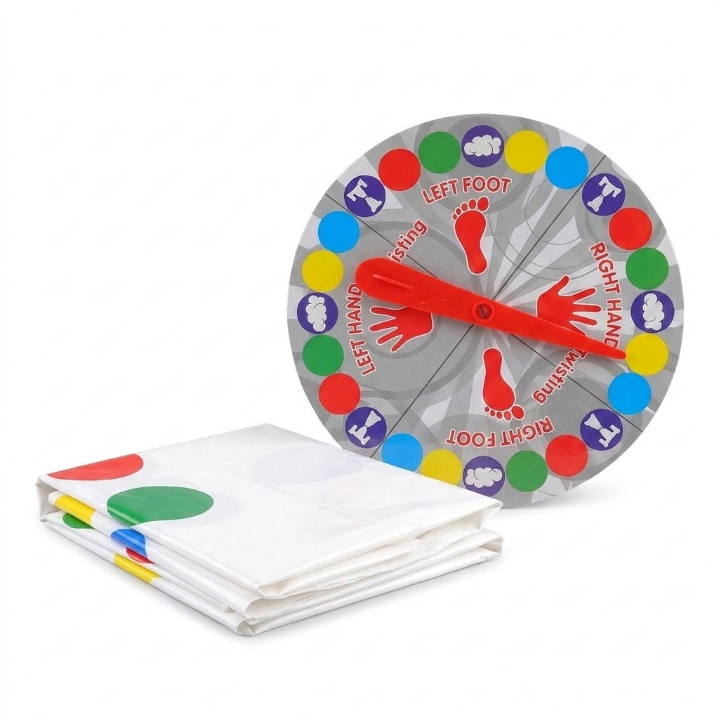A party game displays a folded white mat beside a round gray spinner with a red pointer against a white background.