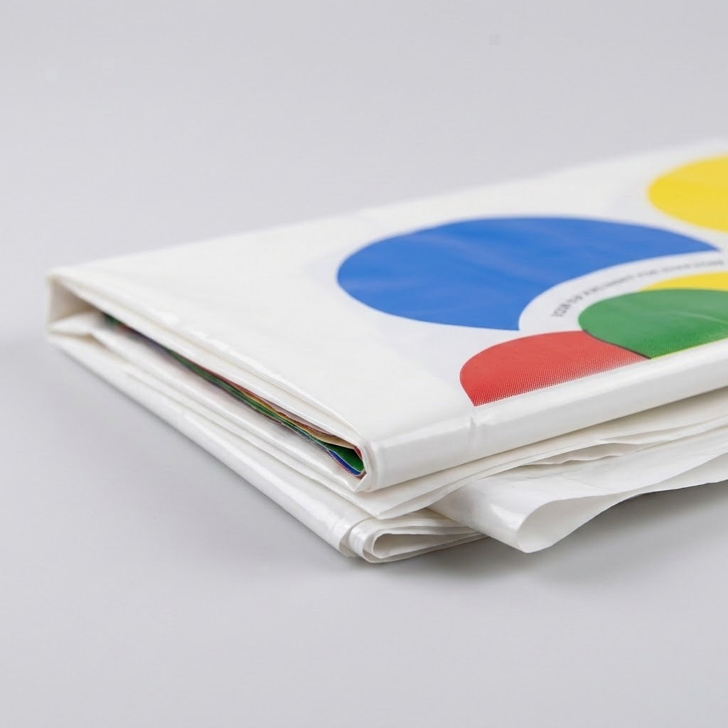 A folded white party game mat shows blue, yellow, green, and red circles in a close-up against a light gray background.