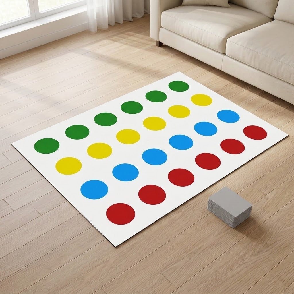 Party game with a white mat featuring green, yellow, blue, and red circles on a light wood floor beside a cream sofa.