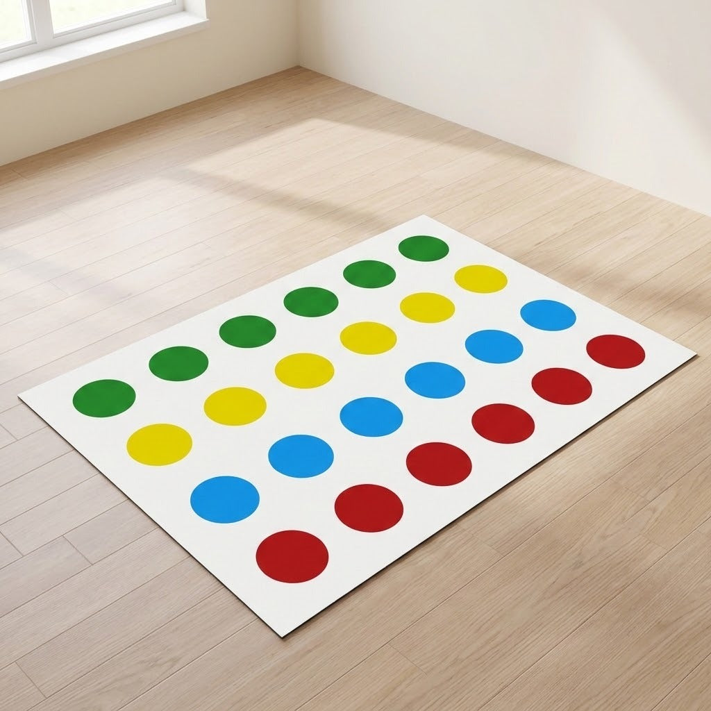 A white party game mat with green, yellow, blue, and red circles lies on pale wooden flooring in a sunlit room.