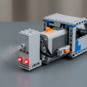 A gray plastic model exhaust sprayer emits mist beside two glowing red lights on a building block assembly on a gray tabletop.