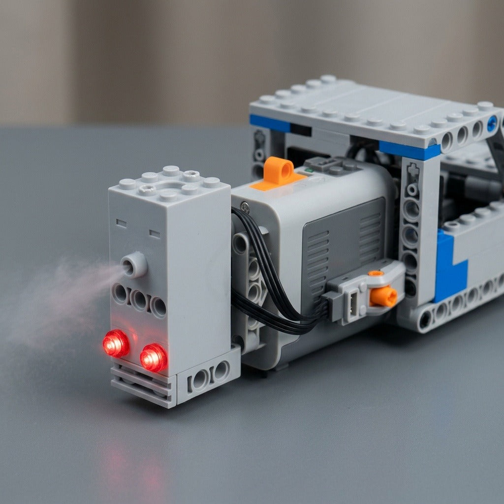 A gray plastic model exhaust sprayer emits mist beside two glowing red lights on a building block assembly on a gray tabletop.