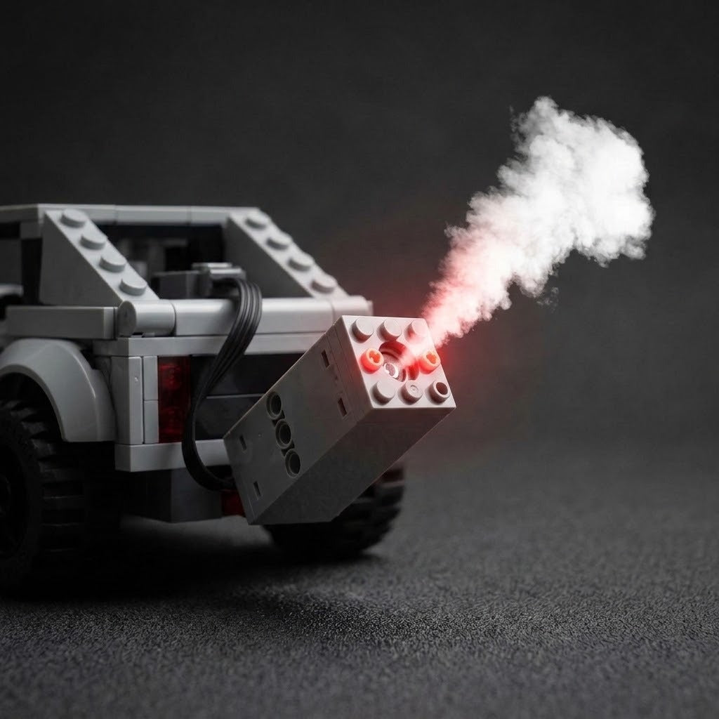 A gray plastic model exhaust sprayer mounted on a building block vehicle releases red-lit white mist against a dark background.