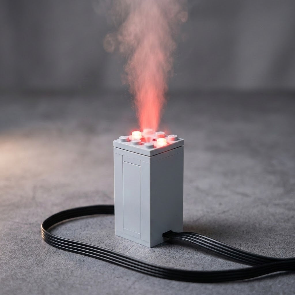 A gray plastic model exhaust sprayer stands on a textured gray surface, emitting red-lit mist with a black cable looping around its base.