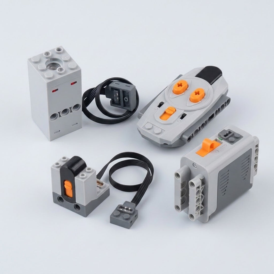 A gray model exhaust sprayer, orange-button remote, wired receiver, ribbed battery case, and black cables are arranged on a white background.