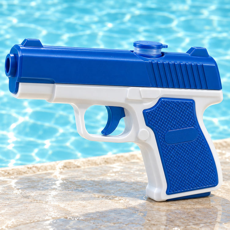 A blue and white water pistol is shown large beside a pool, highlighting its classic shape and fill opening.