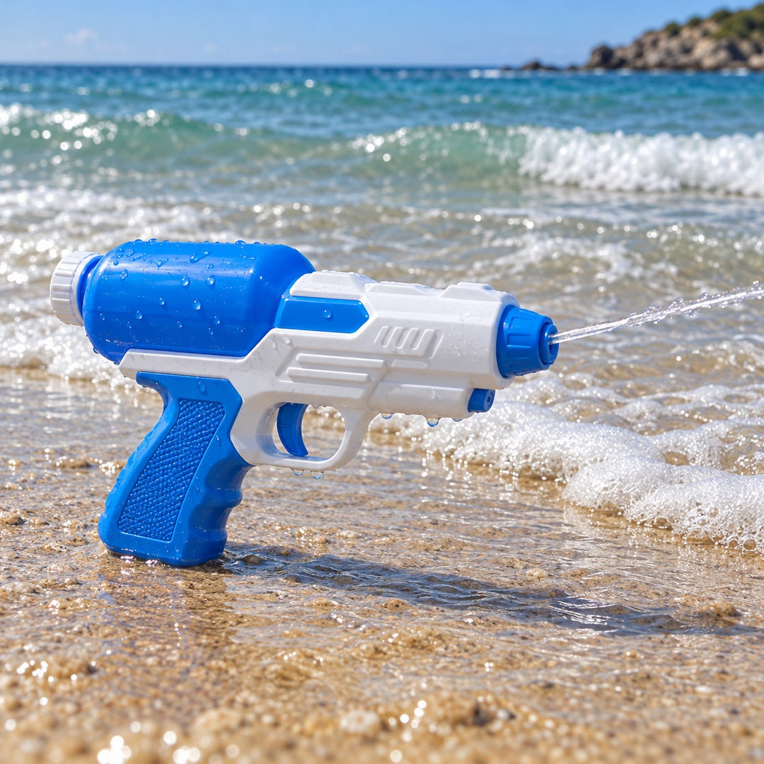 A blue and white water pistol sprays a stream across wet sand beside gentle ocean surf.