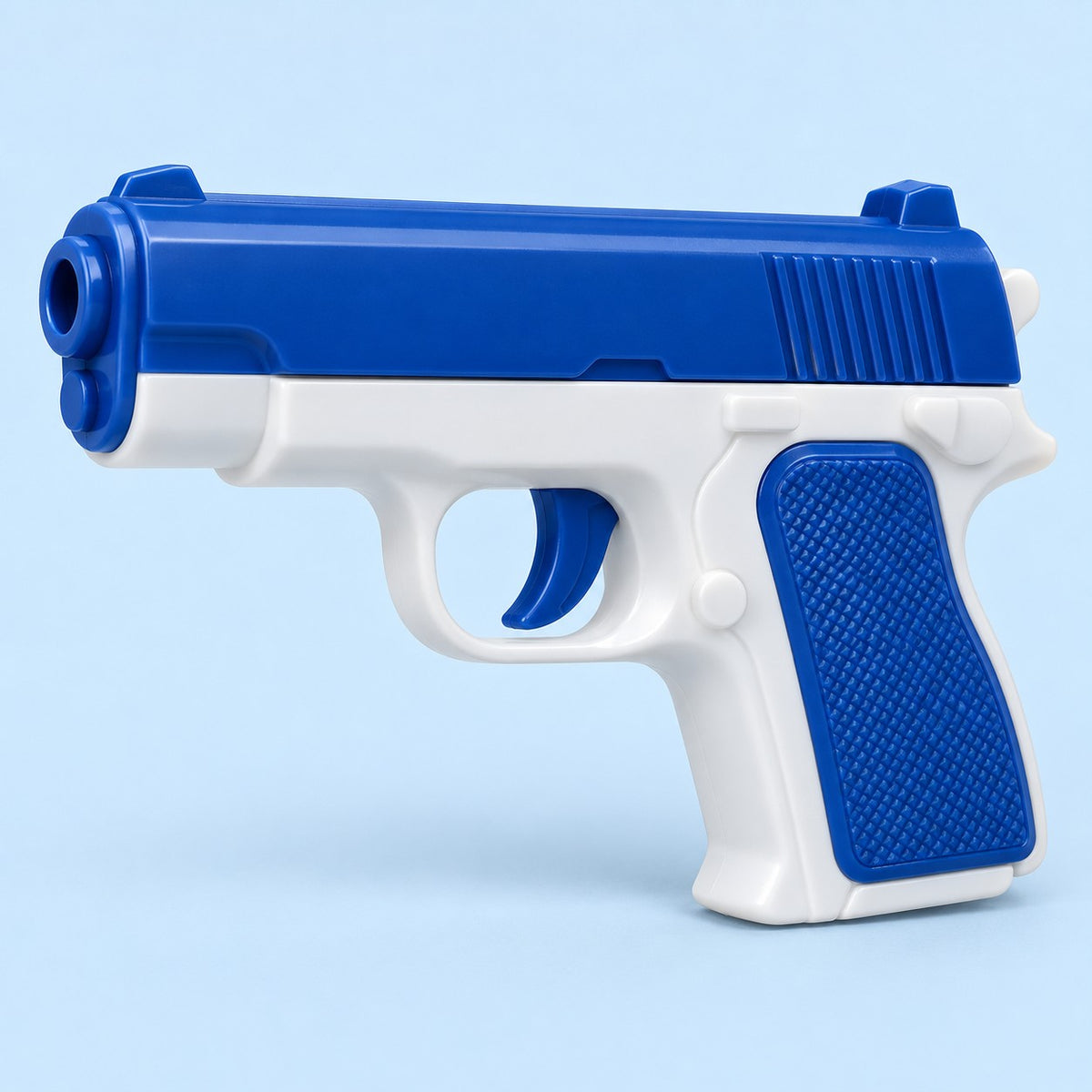The blue and white water pistol is centered on a pale blue studio background with a light shadow.