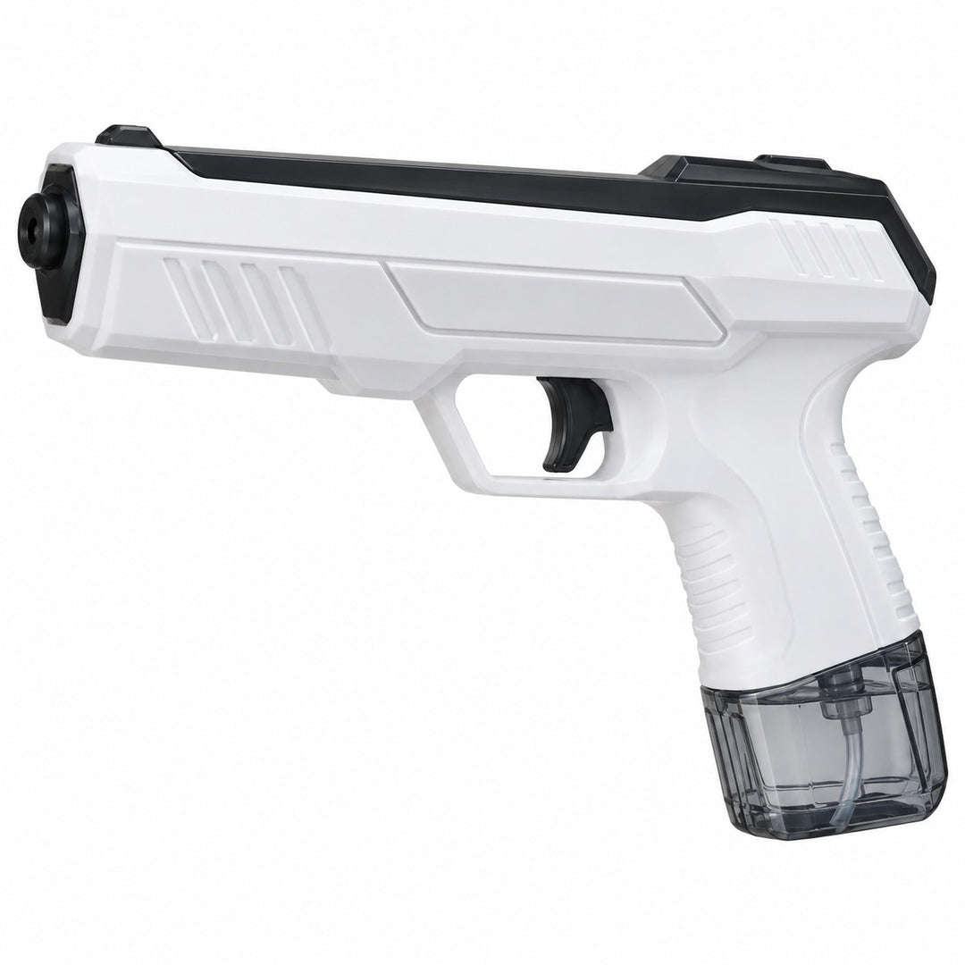 One white manual water squirt gun with a clear reservoir stands on a pure white background.