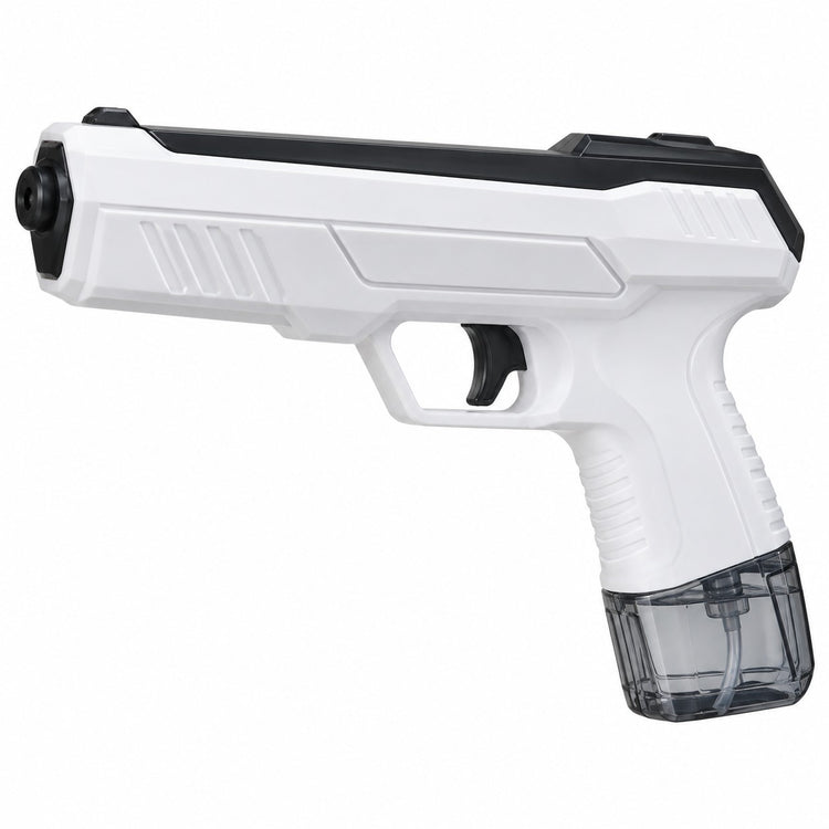 One white manual water squirt gun with a clear reservoir stands on a pure white background.