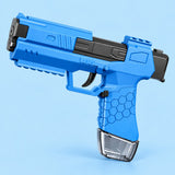 Blue manual water squirt gun shown alone on a pale blue studio backdrop.