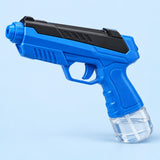 Blue manual water squirt gun centered on a soft blue studio background.