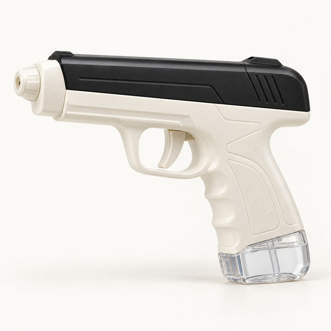 White manual water squirt gun centered on a light ivory studio background.