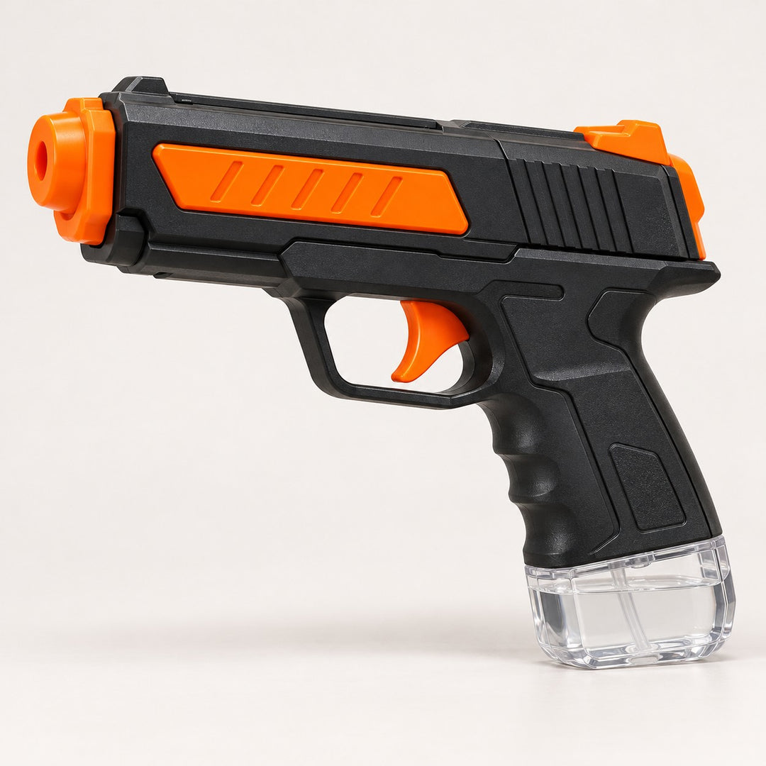Black and orange manual water squirt gun centered on a light warm gray background.