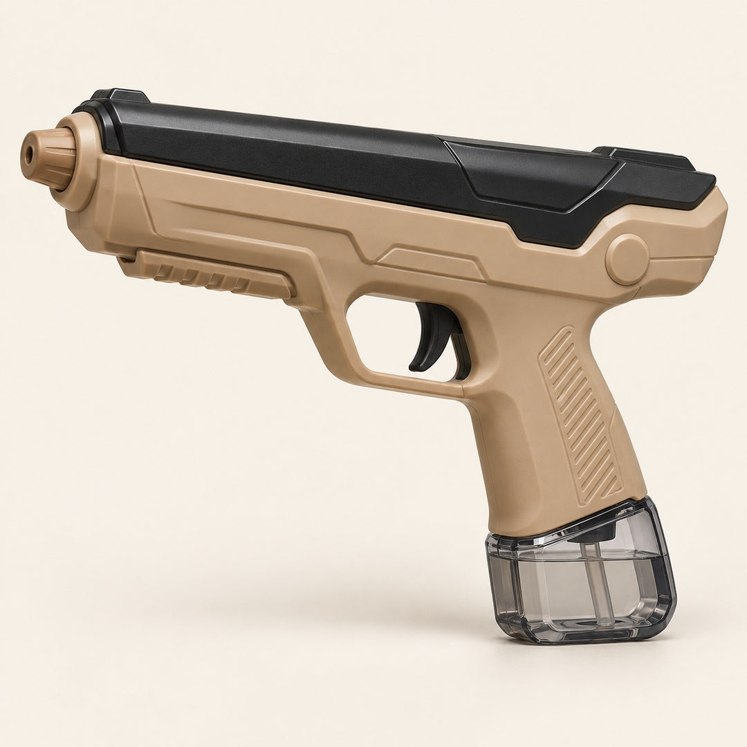 Light coffee brown manual water squirt gun centered on a pale beige studio background.