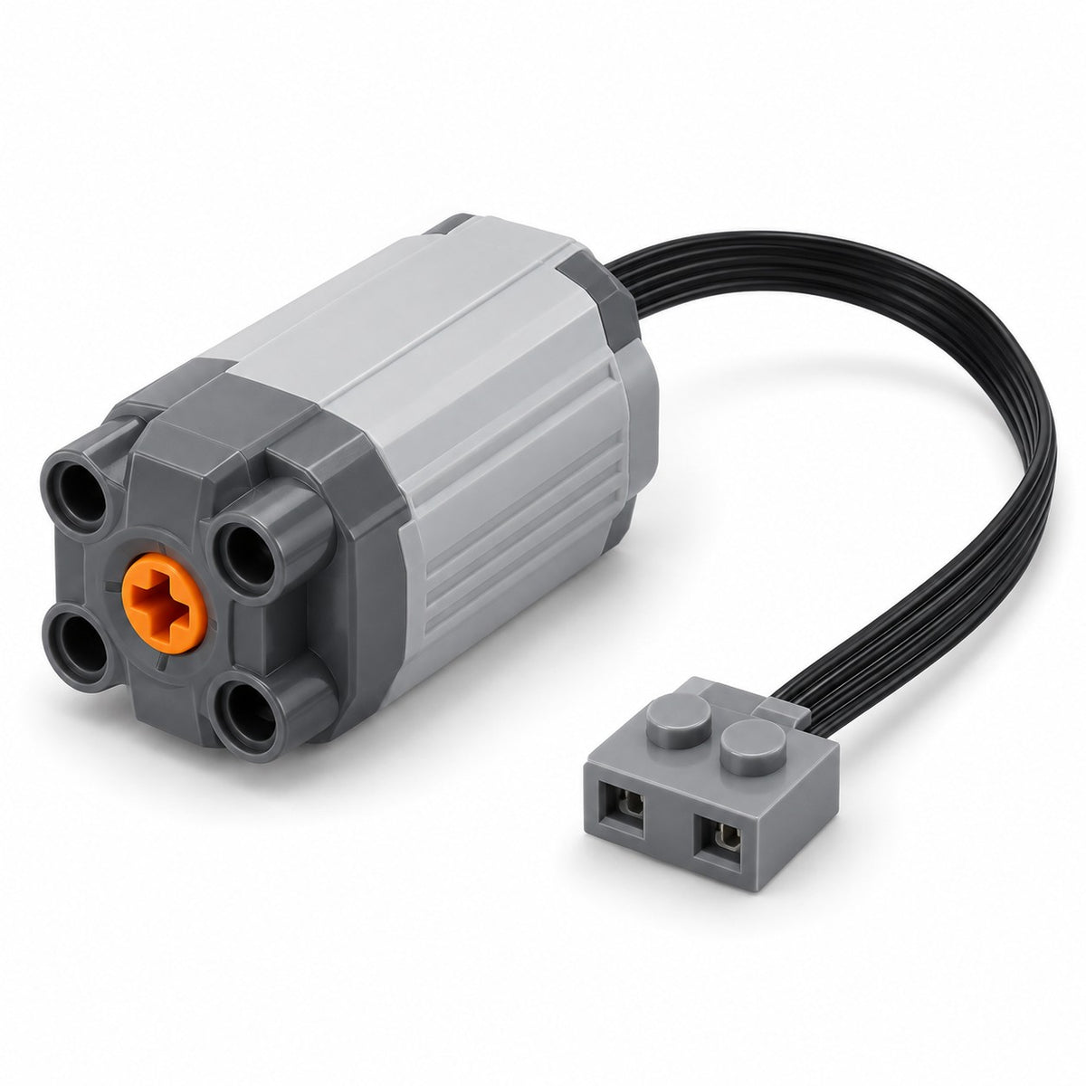 One medium Power Functions motor with attached cable and gray connector rests on white.