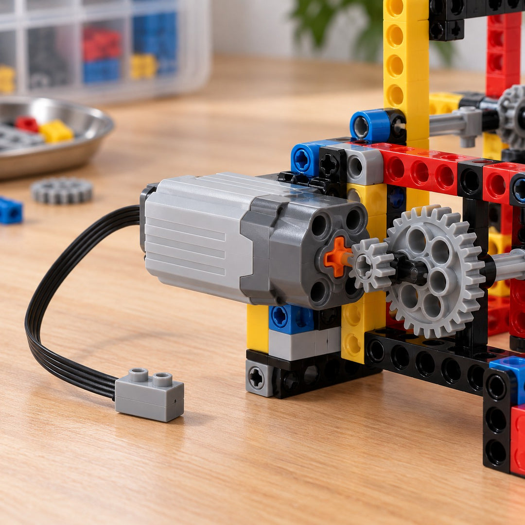 Medium Power Functions motor drives a colorful building-block gear mechanism on a workbench.